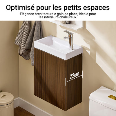 SoBuy BZR196-BR Meuble Lave-Mains Suspendu 40 × 22 × 56 cm avec Lavabo Céramique et Porte à Fermeture Douce – Effet Bois Foncé