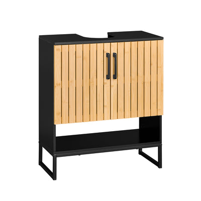 SoBuy BZR202-SCH Meuble sous Lavabo Salle de Bain 60 cm Petit Meuble de Rangement en Bambou et Métal Meuble sous Vasque Compa