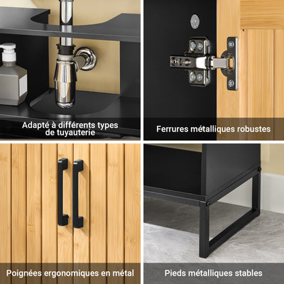 SoBuy BZR202-SCH Meuble sous Lavabo avec Découpe Siphon, Étagère Réglable et Portes en Bambou – L60×P30×H70 cm, MDF E1, Pieds Métal, Noir