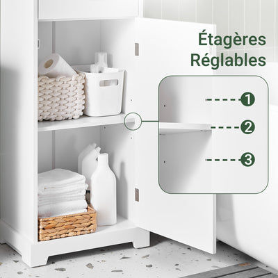 SoBuy BZR207-W Colonne de Salle de Bain avec Tiroir, Étagères Réglables et Placard – L42×P30×H93 cm, Charge 37 kg, MDF E1, Blanc