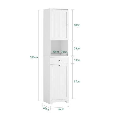 SoBuy BZR216-W Colonne de Salle de Bain 40 × 38 × 180 cm, Panier à Linge 45 L, Tiroir et Porte Réversible – Blanc