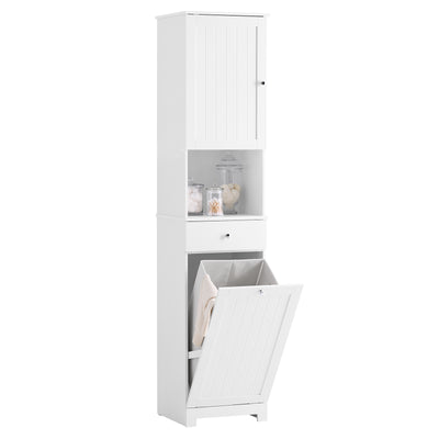 SoBuy BZR216-W Colonne de Salle de Bain avec Panier à Linge 45 L, Tiroir, Étagère Réglable et Porte Réversible – Charge 34 kg