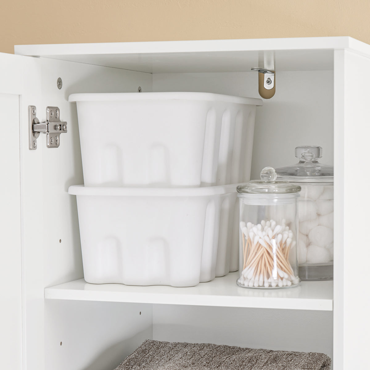 SoBuy BZR216-W Colonne de Salle de Bain 40 × 38 × 180 cm, Panier à Linge 45 L, Tiroir et Porte Réversible – Blanc