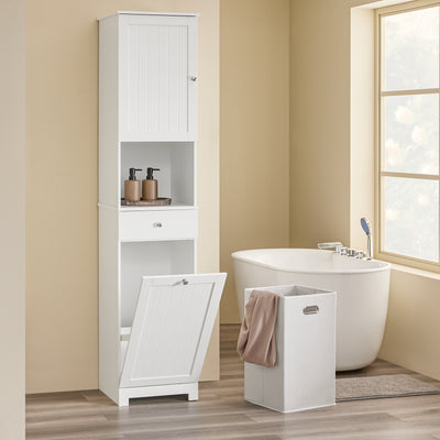 SoBuy BZR216-W Colonne de Salle de Bain 40 × 38 × 180 cm, Panier à Linge 45 L, Tiroir et Porte Réversible – Blanc