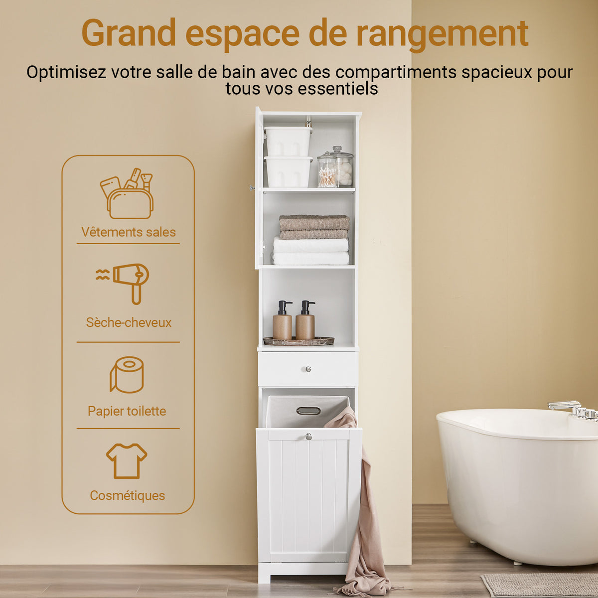 SoBuy BZR216-W Colonne de Salle de Bain 40 × 38 × 180 cm, Panier à Linge 45 L, Tiroir et Porte Réversible – Blanc