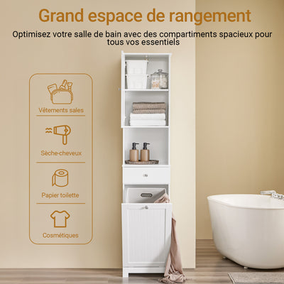 SoBuy BZR216-W Colonne de Salle de Bain 40 × 38 × 180 cm, Panier à Linge 45 L, Tiroir et Porte Réversible – Blanc