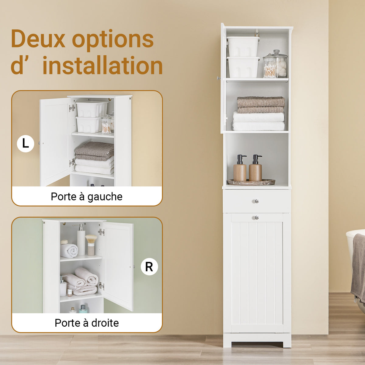 SoBuy BZR216-W Colonne de Salle de Bain 40 × 38 × 180 cm, Panier à Linge 45 L, Tiroir et Porte Réversible – Blanc