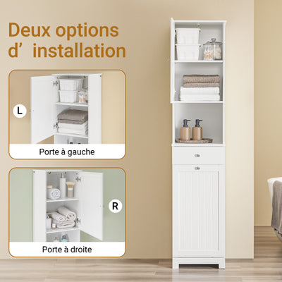 SoBuy BZR216-W Colonne de Salle de Bain 40 × 38 × 180 cm, Panier à Linge 45 L, Tiroir et Porte Réversible – Blanc