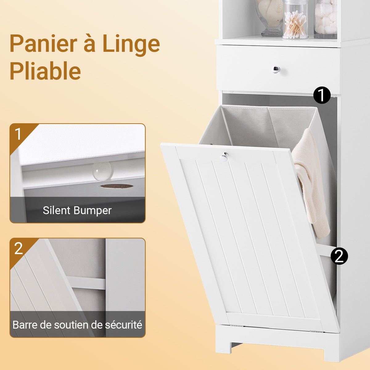 SoBuy BZR216-W Colonne de Salle de Bain 40 × 38 × 180 cm, Panier à Linge 45 L, Tiroir et Porte Réversible – Blanc