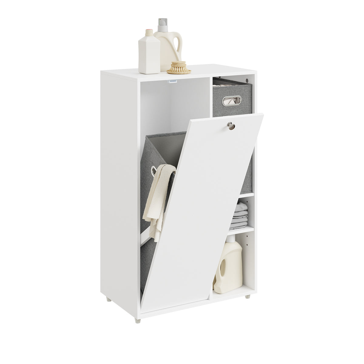 SoBuy BZR218-W Meuble Salle de Bain avec Panier à Linge Intégré, Porte Basculante, 2 Paniers en Tissu et 3 Étagères Réglables