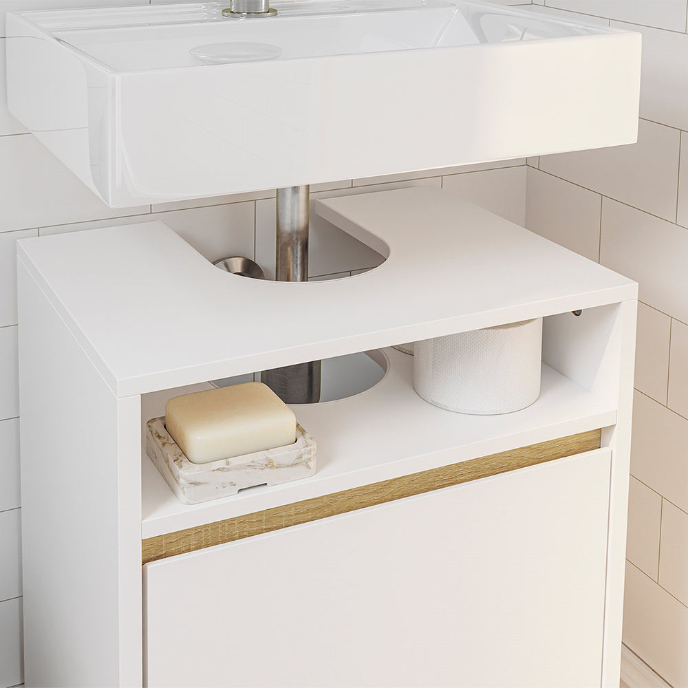 SoBuy BZR222-W Meuble Sous Lavabo Étroit – Découpe en U, 40 × 30 × 60 cm, Niche Ouverte, Blanc et Bois