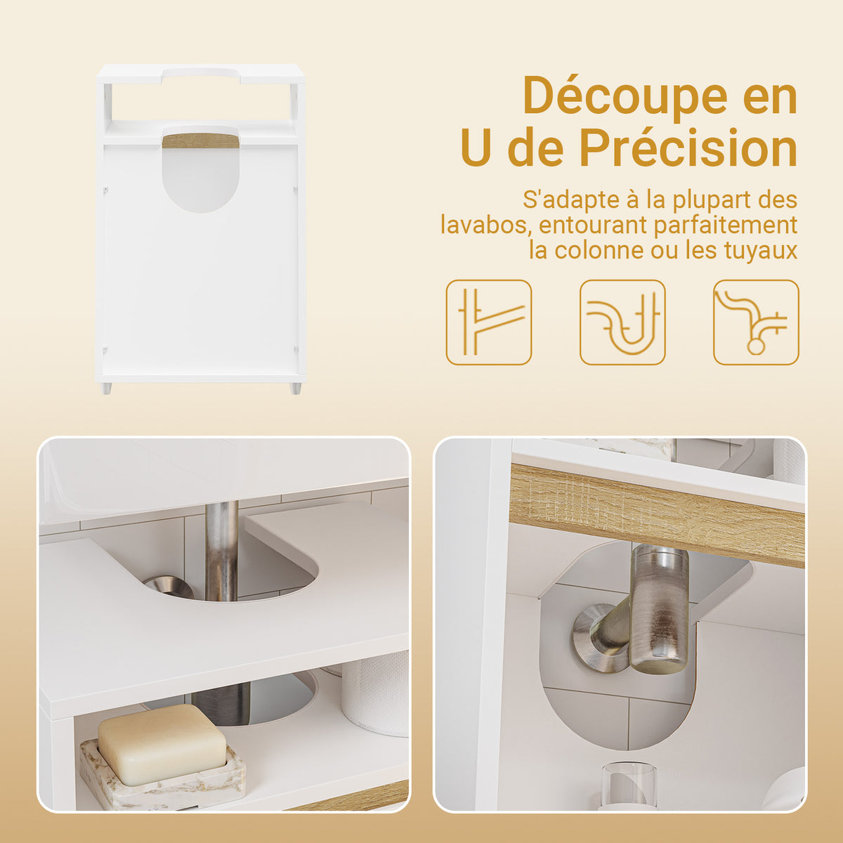 SoBuy BZR222-W Meuble Sous Lavabo Étroit – Découpe en U, 40 × 30 × 60 cm, Niche Ouverte, Blanc et Bois