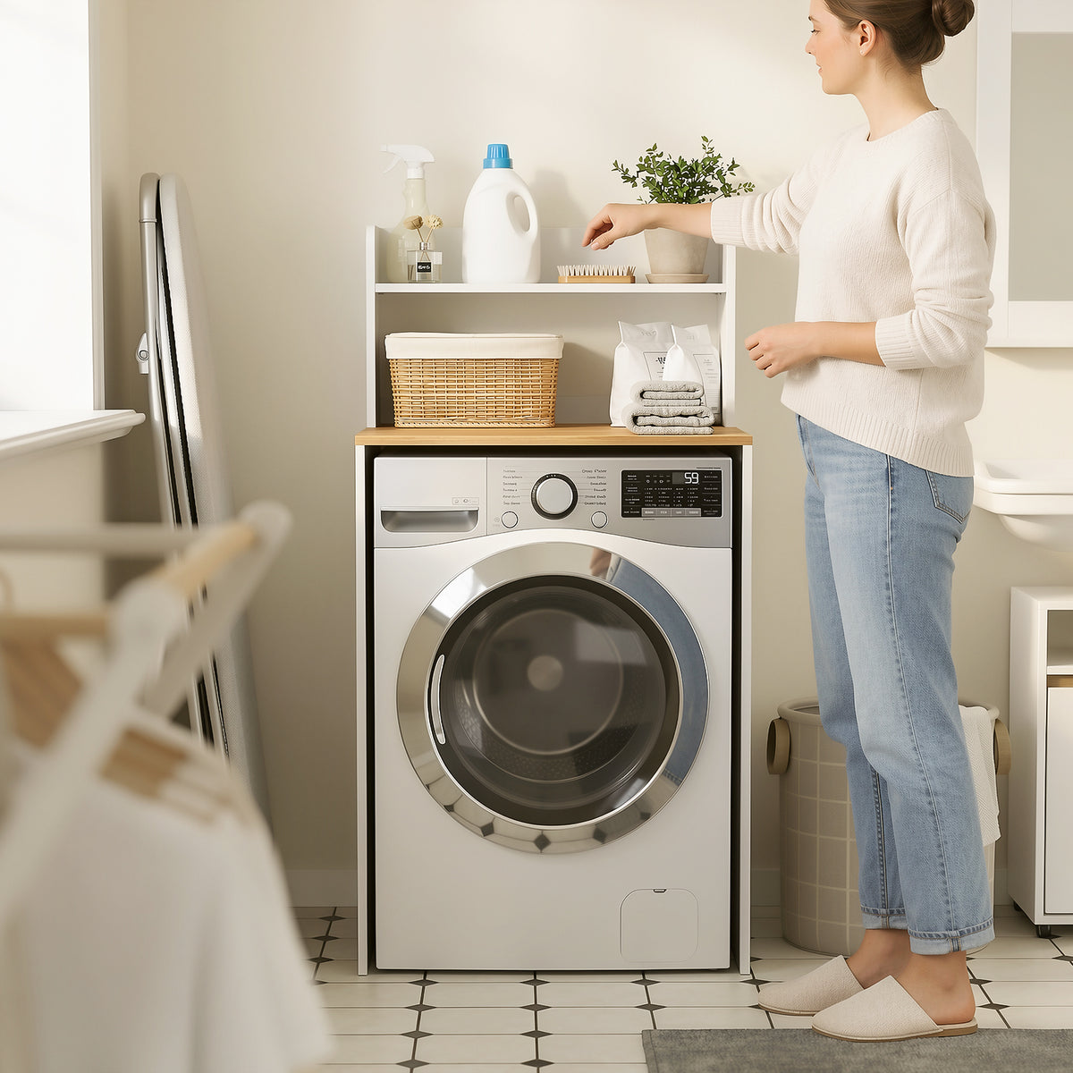SoBuy BZR224-WN Meuble au-dessus du Lave-Linge 66×60×127 cm – Plan de Travail + Étagère avec Garde-Corps, Sans Panneau Arrière, Blanc et Naturel