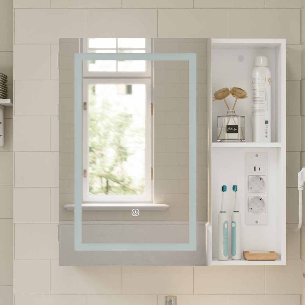SoBuy BZR239-E-W Armoire Miroir de Salle de Bain avec LED et Prises – Meuble Mural, Étagères – 60×15,5×60 cm, Blanc