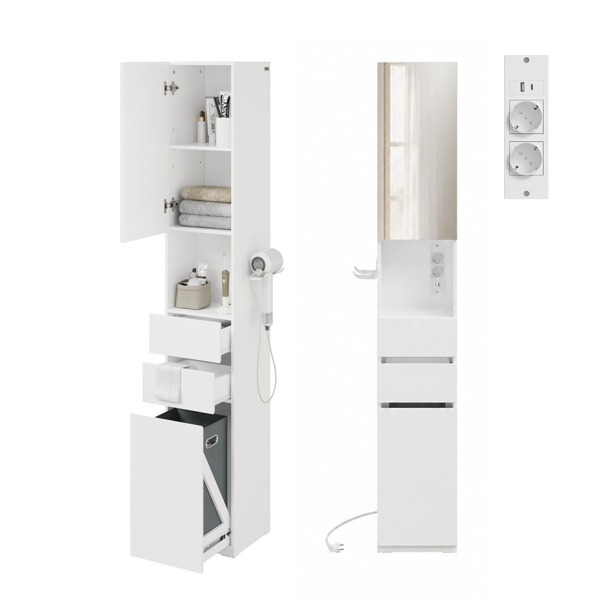 SoBuy BZR240-E-W Colonne de Salle de Bain Étroite avec Miroir et Éclairage – Prise Intégrée et Port USB-A, 2 Tiroirs – 30×30×180,5 cm, Blanc