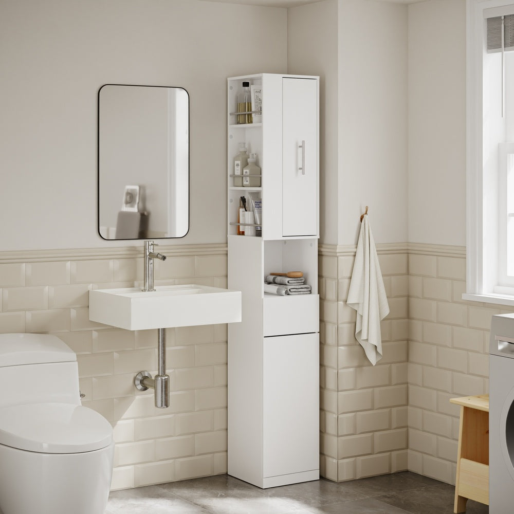 SoBuy BZR242-W Armoire Haute de Salle de Bain Blanche avec 2 Tiroirs – Meuble Haut Gain de Place 30 cm, 5 Étagères – 30×30×180 cm, Charge 37 kg
