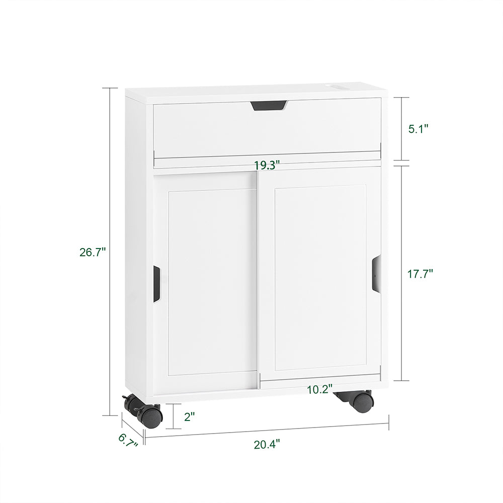 SoBuy BZR31-W Armoire Salle de Bain avec Roulettes et Portes Coulissantes, Gain de Place, Usage Polyvalent, Mobile, Rangement Optimisé – L52×P17×H68 cm, Blanc
