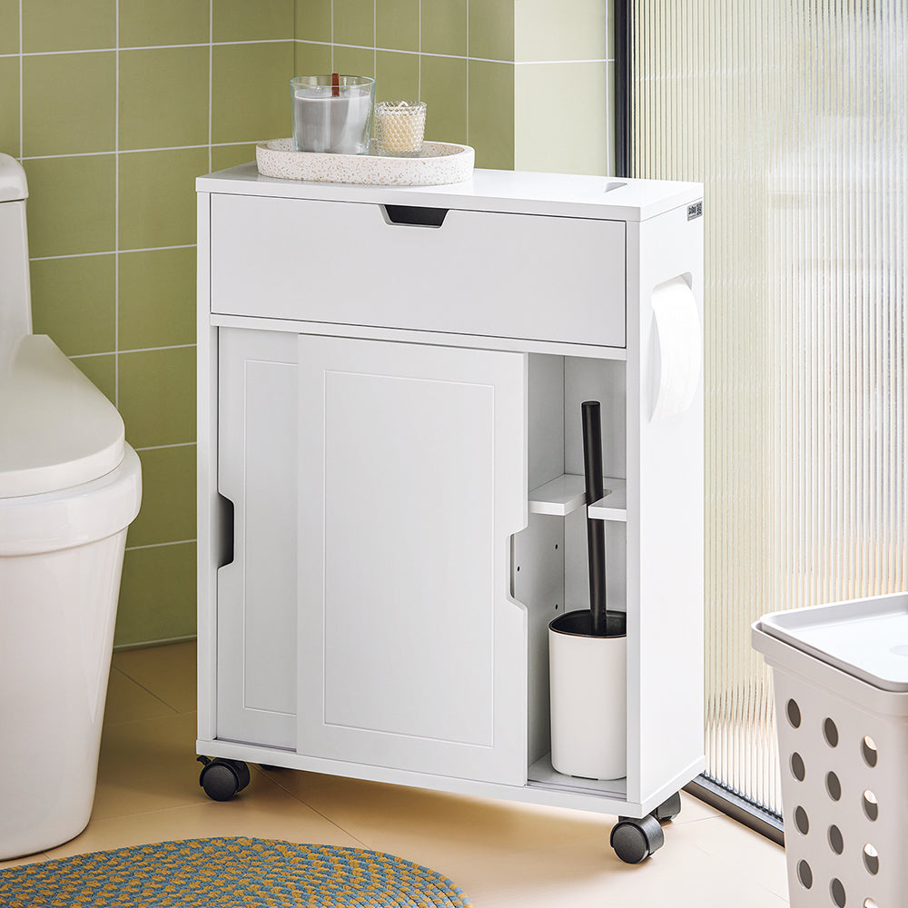 SoBuy BZR31-W Armoire Salle de Bain avec Roulettes et Portes Coulissantes, Gain de Place, Usage Polyvalent, Mobile, Rangement Optimisé – L52×P17×H68 cm, Blanc