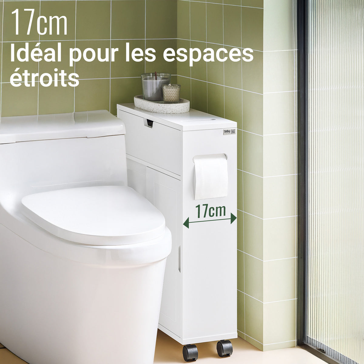 SoBuy BZR31-W Armoire Salle de Bain avec Roulettes et Portes Coulissantes, Gain de Place, Usage Polyvalent, Mobile, Rangement Optimisé – L52×P17×H68 cm, Blanc