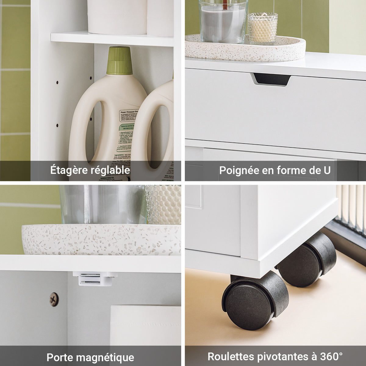 SoBuy BZR31-W Armoire Salle de Bain avec Roulettes et Portes Coulissantes, Gain de Place, Usage Polyvalent, Mobile, Rangement Optimisé – L52×P17×H68 cm, Blanc
