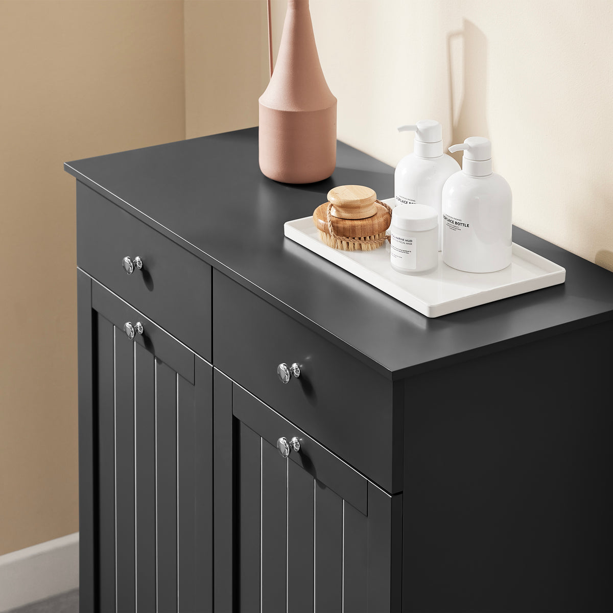 SoBuy BZR33-II-SCH Meuble Salle de Bain avec 2 Sacs à Linge 45 L et 2 Tiroirs – L78×P38×H91 cm, Charge 70 kg, MDF E1, Noir