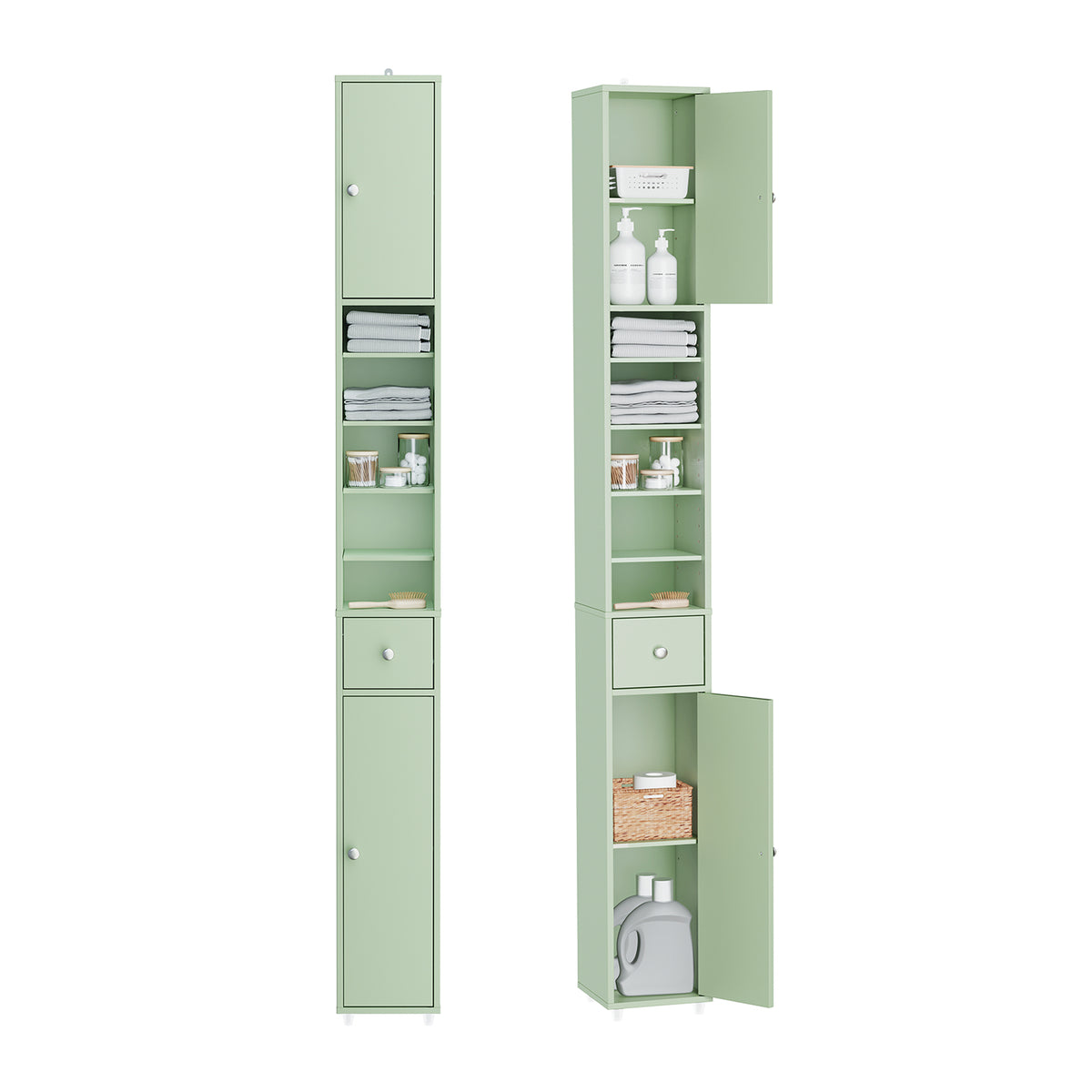 SoBuy BZR34-II-GR Colonne Salle de Bain Ultra-Étroite 20×20×180 cm – Tiroir Central, Étagères Réglables, Vert Clair