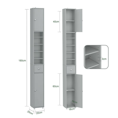 SoBuy BZR34-II-HG Colonne Salle de Bain Ultra-Étroite 20×20×180 cm – Tiroir Central, Étagères Réglables, Gris