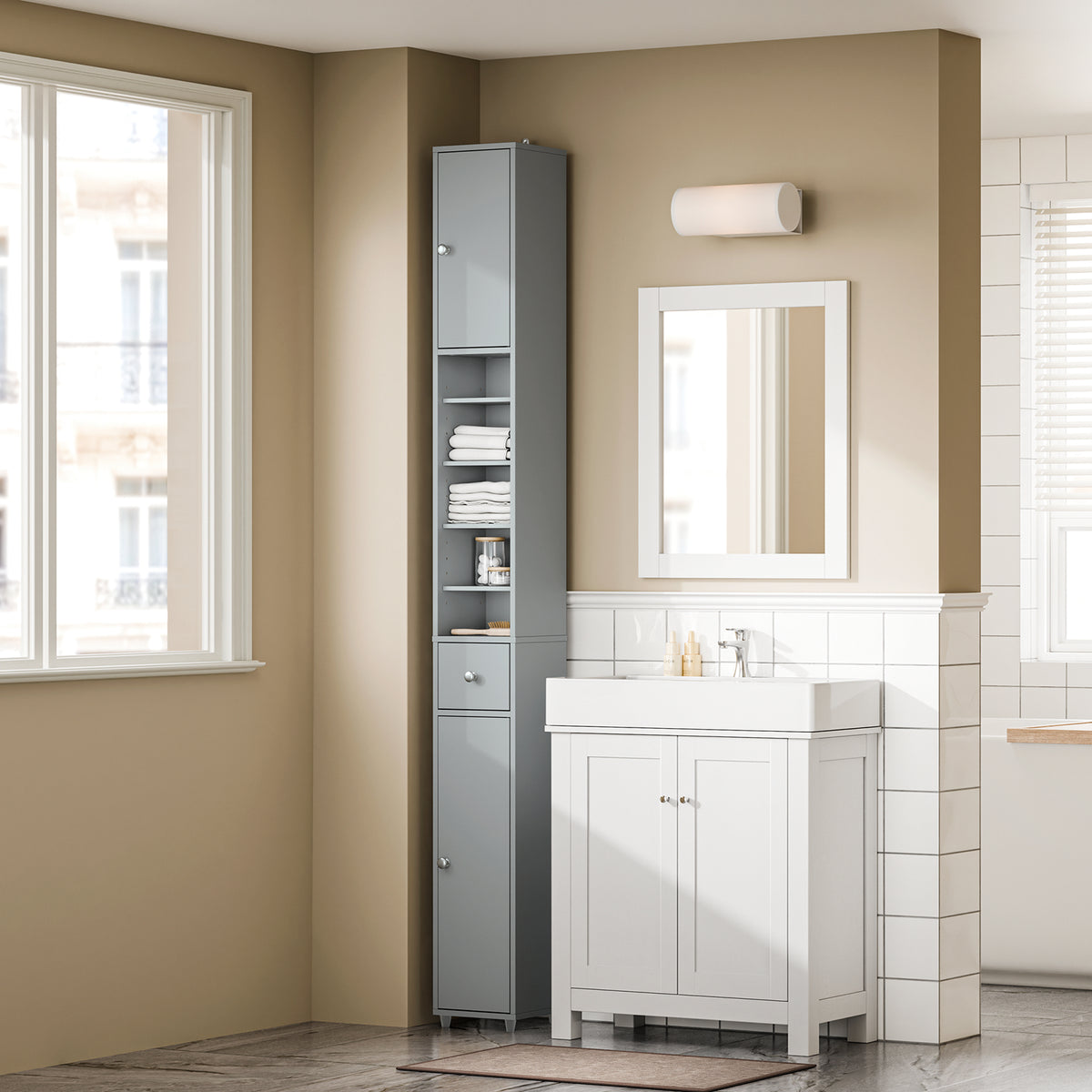 SoBuy BZR34-II-HG Colonne Salle de Bain Ultra-Étroite 20×20×180 cm – Tiroir Central, Étagères Réglables, Gris