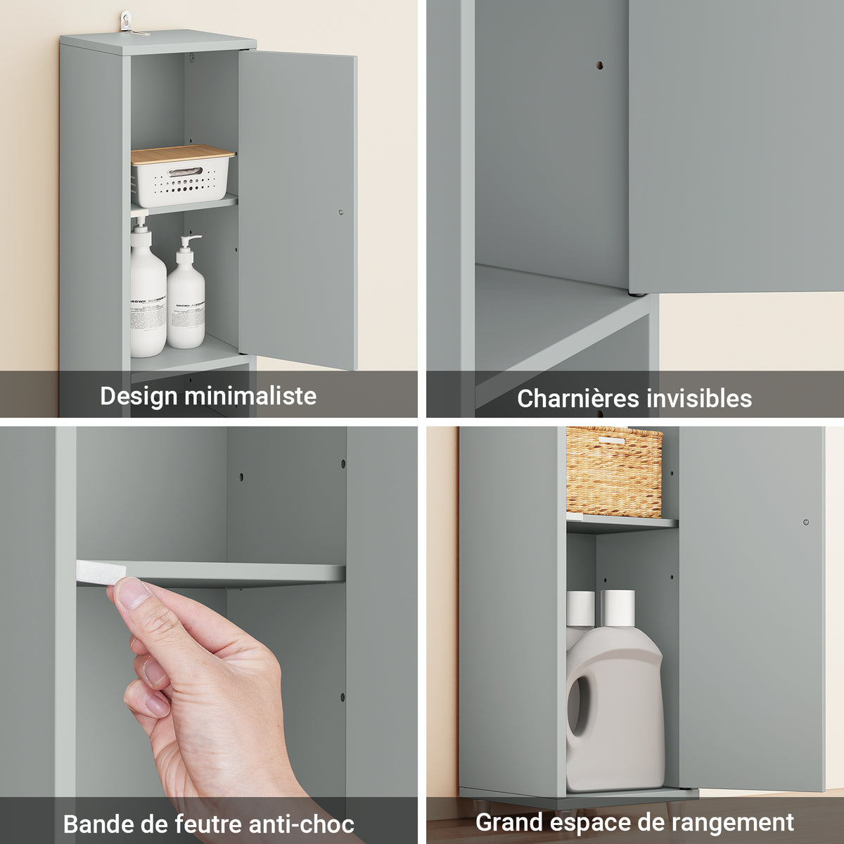 SoBuy BZR34-II-HG Colonne Salle de Bain Ultra-Étroite 20×20×180 cm – Tiroir Central, Étagères Réglables, Gris