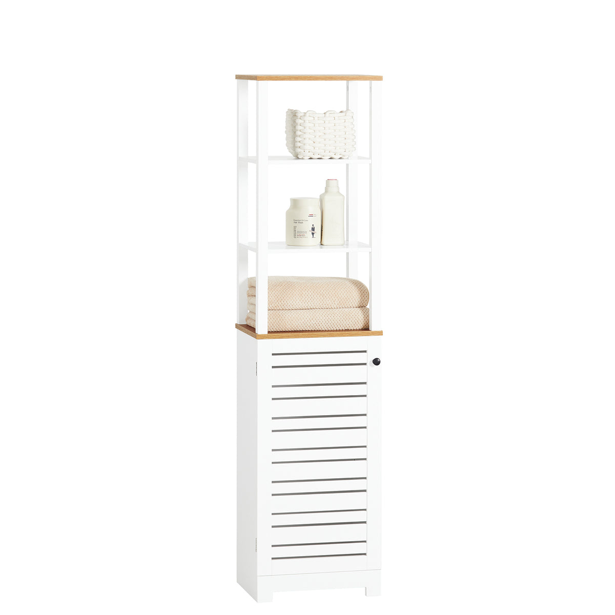 SoBuy BZR43-W Meuble Colonne Salle de Bain Étroit avec Étagères Ouvertes et Porte à Lames – Armoire de Rangement Haut pour Sa