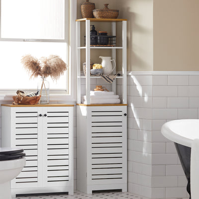 SoBuy BZR43-W Colonne Salle de Bain avec Porte à Lames, Gain de Place, pour Salle de Bain et WC, Rangement Optimisé, Compact – L40×P30×H160 cm, Bois, Blanc