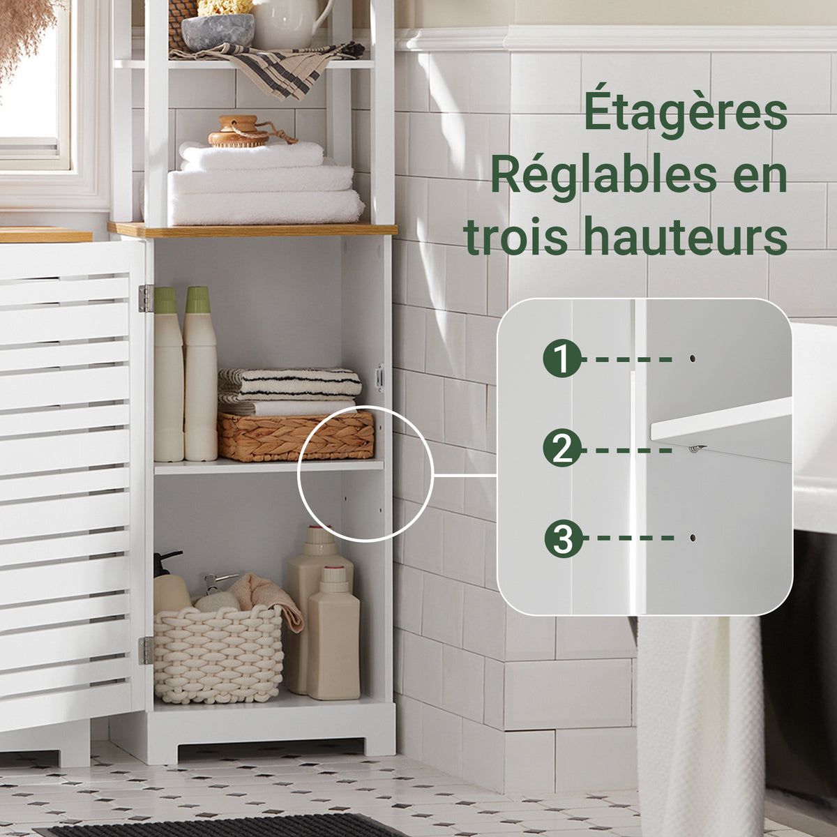 SoBuy BZR43-W Colonne Salle de Bain avec Porte à Lames, Gain de Place, pour Salle de Bain et WC, Rangement Optimisé, Compact – L40×P30×H160 cm, Bois, Blanc