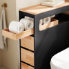 Espace de rangement multifonction : tiroirs pour organiser articles de toilette, papier et produits de nettoyage, avec un compartiment ouvert pour un accès facile.