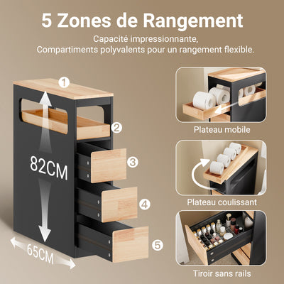 Espace de rangement multifonction : tiroirs pour organiser articles de toilette, papier et produits de nettoyage, avec un compartiment ouvert pour un accès facile.