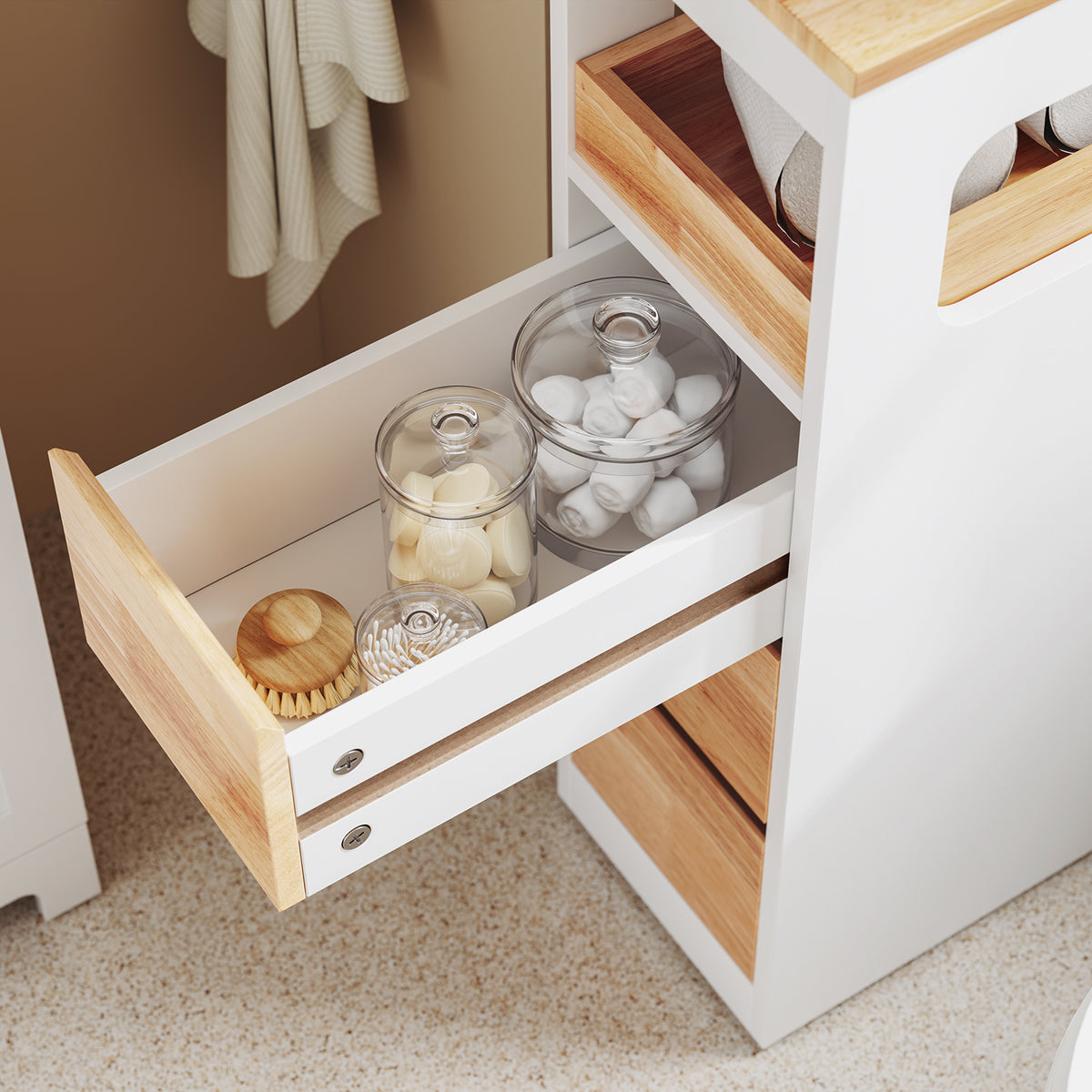 SoBuy BZR54-III-WN Meuble Salle de Bain Slim 23 cm à Roulettes – 3 Tiroirs – Blanc et Bois Naturel