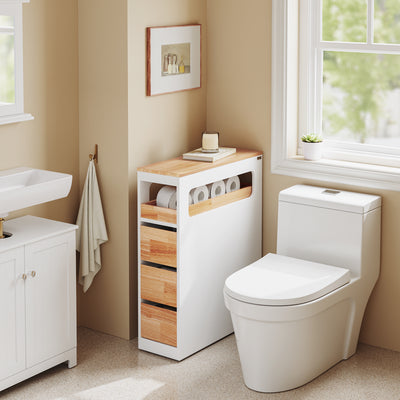 SoBuy BZR54-III-WN Meuble Salle de Bain Slim 23 cm à Roulettes – 3 Tiroirs – Blanc et Bois Naturel