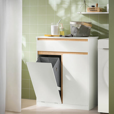 SoBuy BZR79-W Meuble de Salle de Bain avec Panier à Linge Intégré, Tiroir et Double Porte – Blanc et Bois