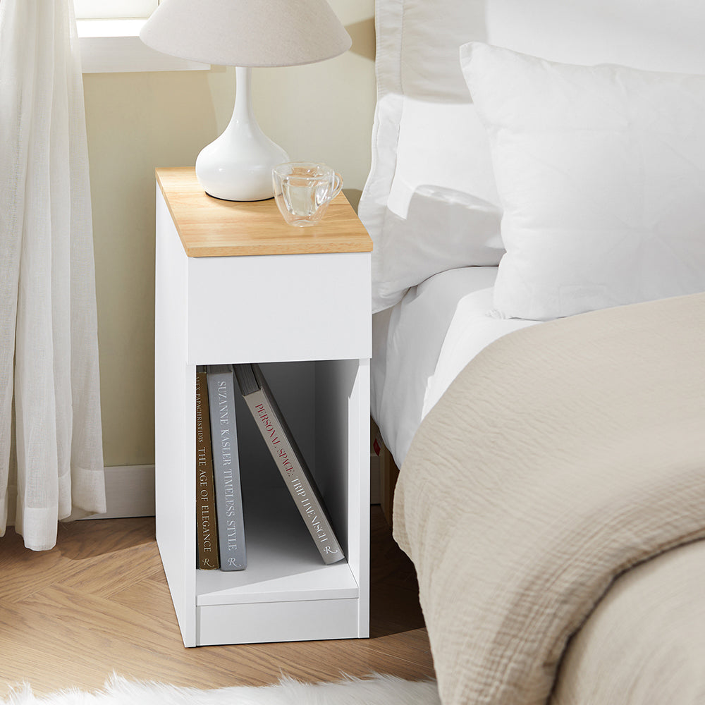 SoBuy FBT111-II-WN Table de Chevet avec Tiroir, Gain de Place, pour Salon et Chambre, Rangement Optimisé, Design Fonctionnel, Compact – L25×P40×H60 cm, Blanc