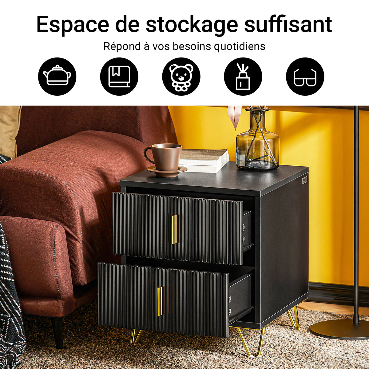 SoBuy FBT115-SCH Table de Chevet - Table de Nuit avec 2 tiroirs, Table d'appoint pour Chambre à Coucher - Meuble de Rangement Moderne, Noir, L40 x P40 x H47 cm