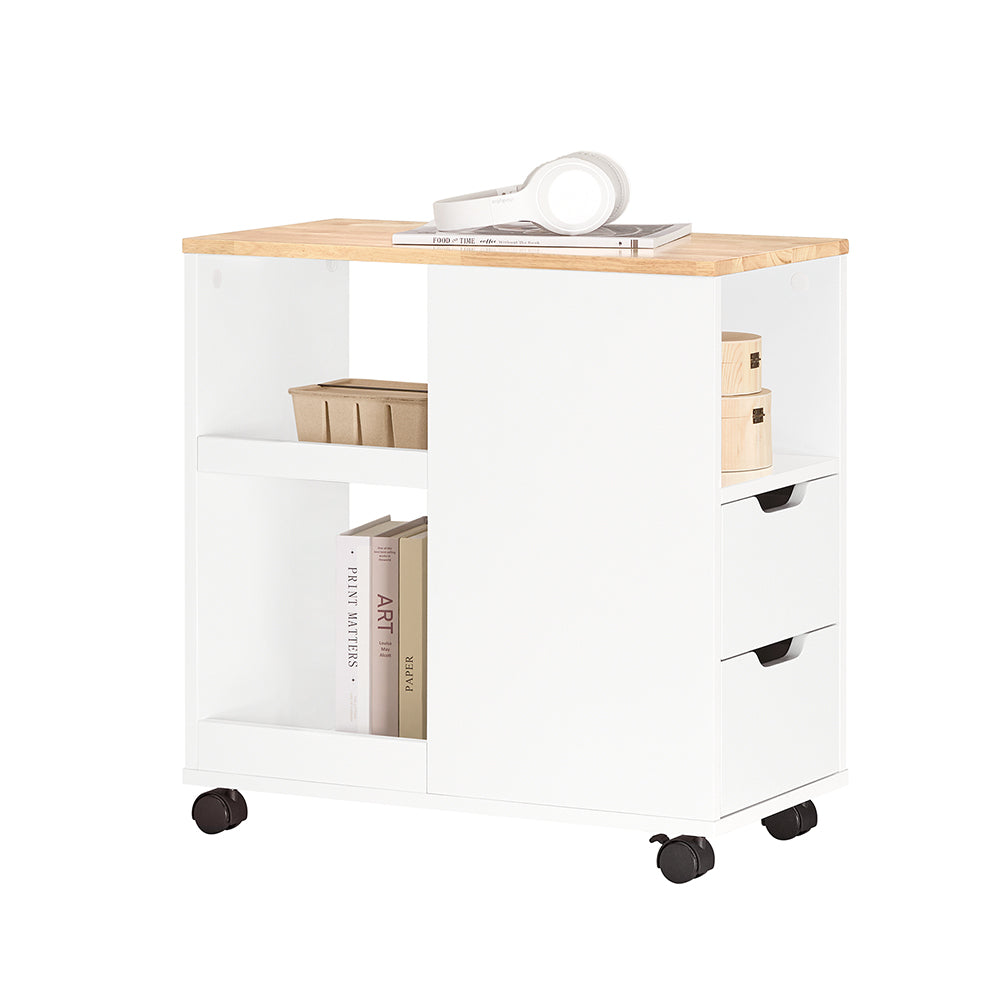 SoBuy FBT130-WN Bout de Canapé, Table d'appoint avec 2 Tiroirs, Compartiment Ouvert, Meuble de Rangement à roulettes, Chariot
