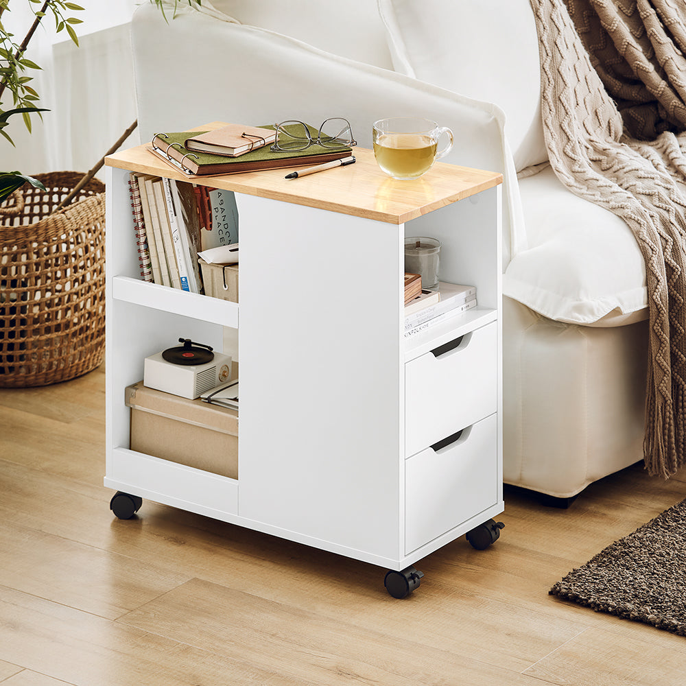 SoBuy FBT130-WN Bout de Canapé, Table d'appoint avec 2 Tiroirs, Compartiment Ouvert, Meuble de Rangement à roulettes, Chariot pour Salon, Bureau, Chambre, Blanc, L60xP30xH60cm