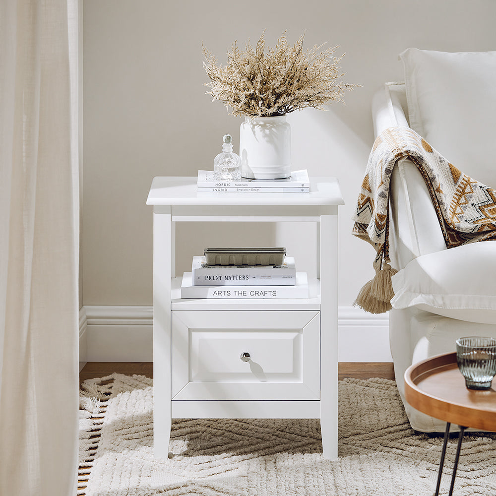 SoBuy FBT131-W Table de Chevet, Table d'Appoint, Bout de Canapé avec 1 Tiroir, Table de Nuit Convient pour Tout Lit et Toute Chambre, Blanc, 45 x 35 x 60 cm