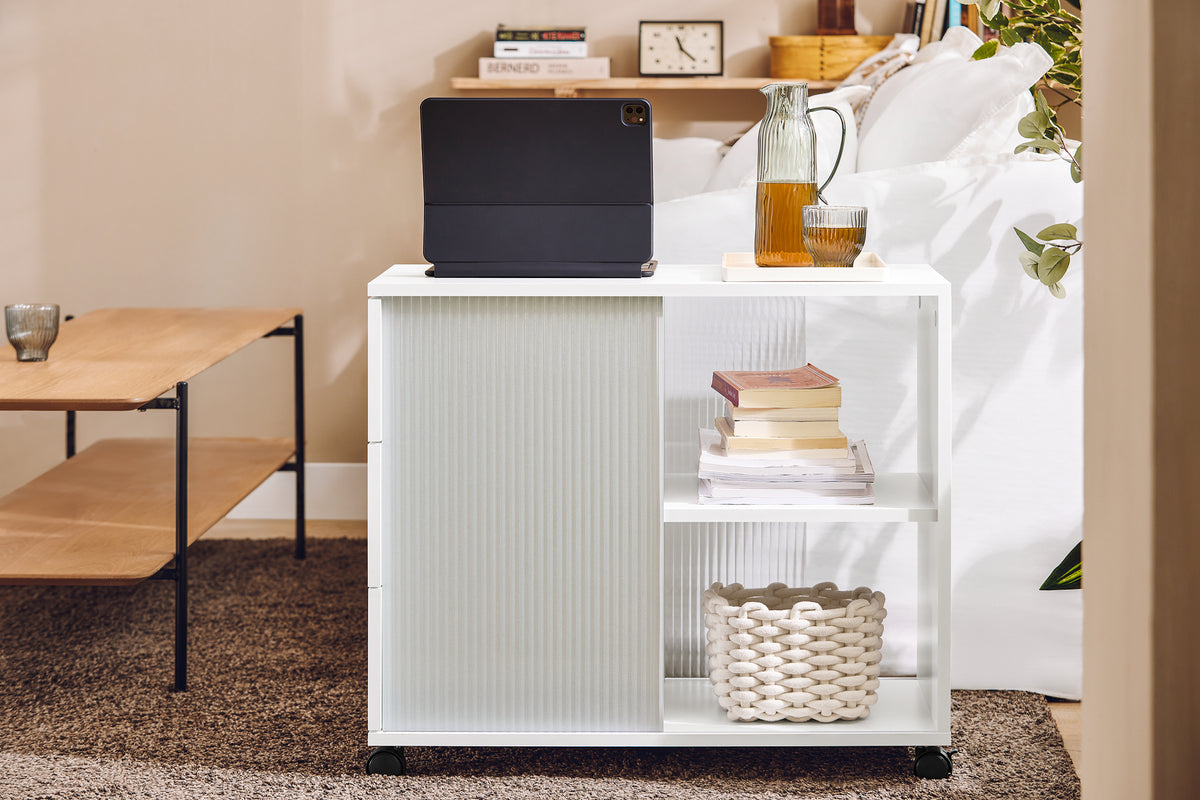 SoBuy FBT141-W Bout de Canapé, Table d'appoint Roulante, Table Basse, Table à Café avec 3 Tiroir, pour Salon, Bureau, Chambre