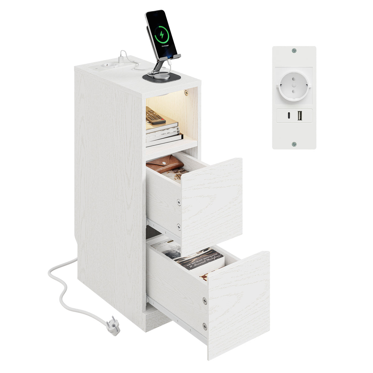 SoBuy FBT149-E-WG Table de Chevet Étroite 20cm avec Chargeur USB & Type-C + Lampe LED Magnétique – Blanc Effet Bois