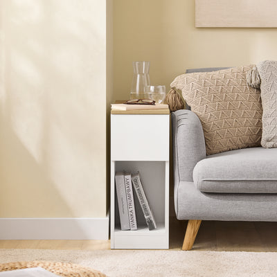 SoBuy FBT162-WN Table d'Appoint Étroite 65×25×60 cm – 1 Compartiment, 2 Tiroirs, Charnières Silencieuses, Blanc et Naturel