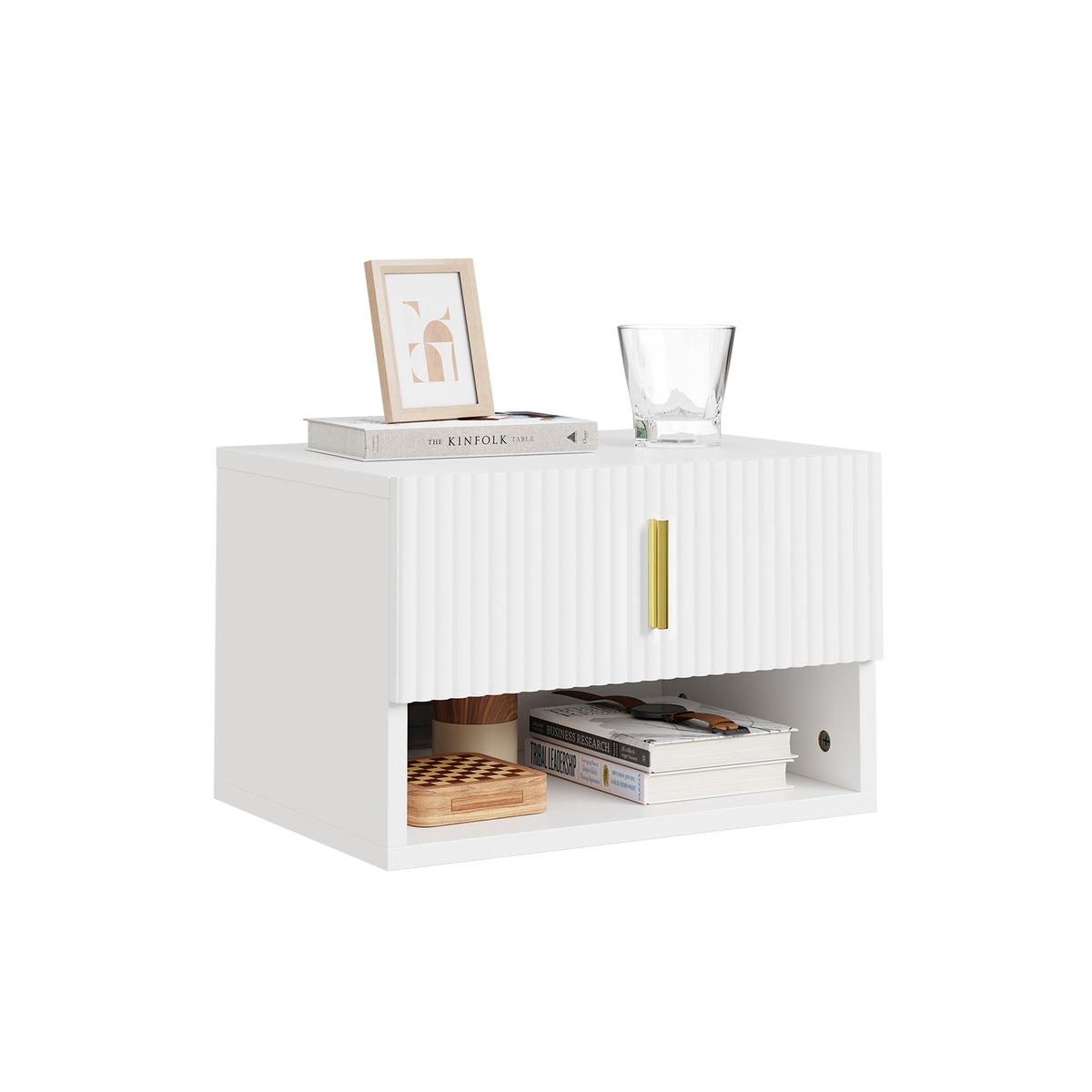 SoBuy FBT176-E-W Table de Chevet Suspendue avec LED – Tiroir Réversible, Façade Ondulée, Poignée Dorée, Blanc, 40×26×30 cm