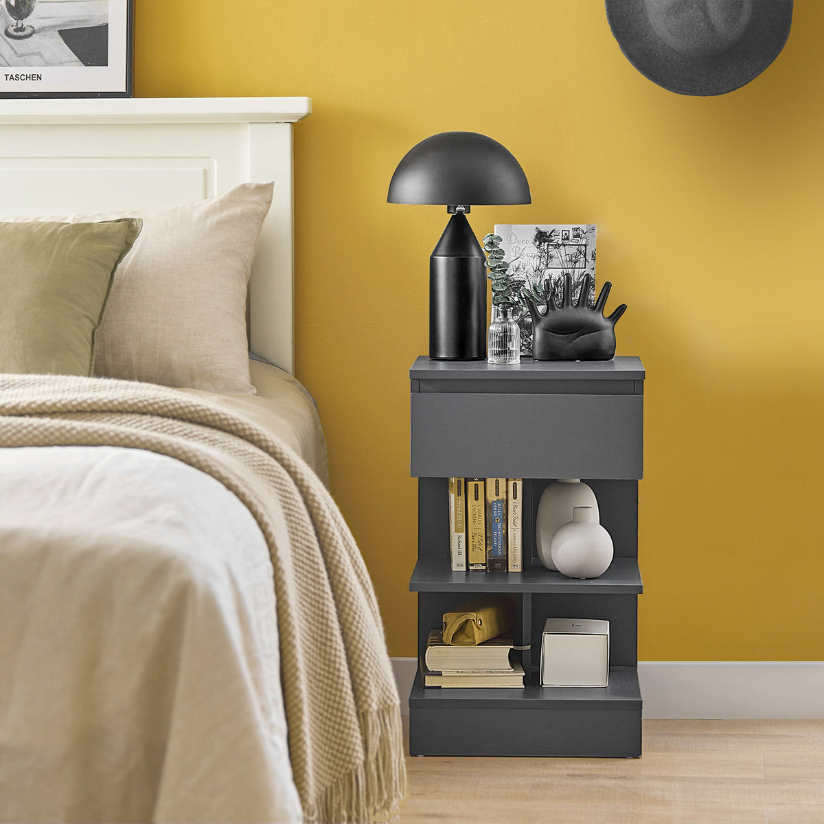 SoBuy FBT49-HG Table de Chevet - Table de Nuit avec 1 tiroir et 2 étagères, Table d'appoint pour Chambre à Coucher - Meuble de Rangement Moderne L39 x P39 x H65 cm Gris