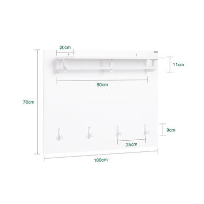 SoBuy FHK36-W Porte-Manteau Mural avec Étagère et 4 Crochets – 100×20×70 cm, Charge 21 kg, MDF E1, Blanc