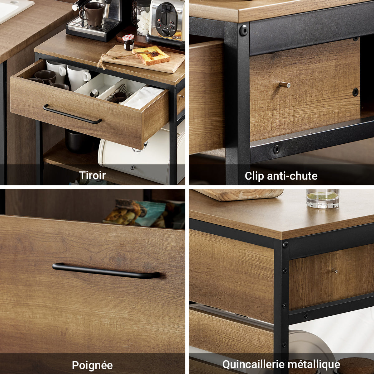 SoBuy FKW118-PF Desserte de Cuisine à roulettes – Chariot de Rangement avec 2 Tiroirs et Étagère, Petit Meuble Cuisine Bas Industriel en Acier, 60x45x90cm