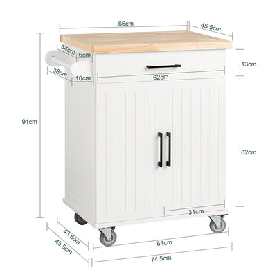 SoBuy FKW119-WN Desserte Cuisine avec Roulettes, Mobile, pour Cuisine et Salle à Manger, Rangement Optimisé – L74×P46×H91 cm, Bois d’Hévéa, Blanc et Naturel